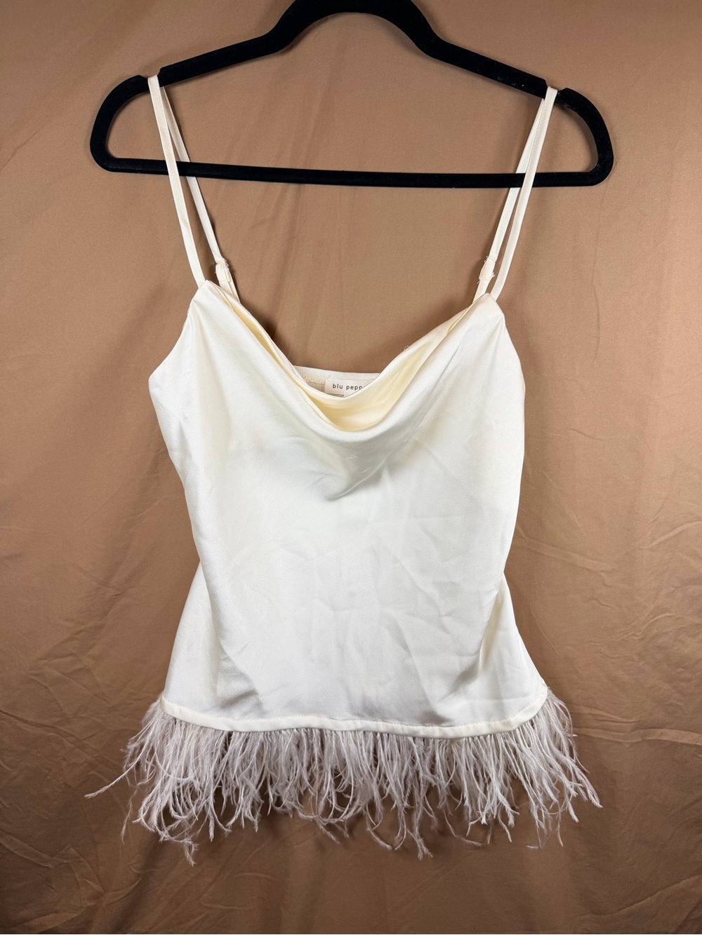 Blu Pepper Y2K Satin Feather Trim Cowl Neck Going Out Top White S
